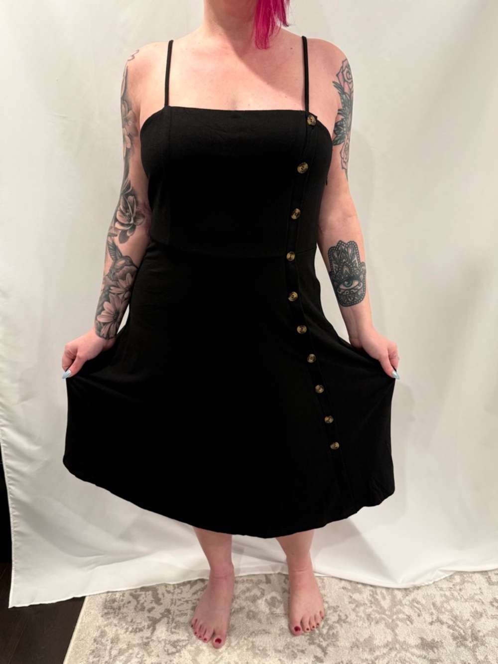 Classic Black Button-Front Spaghetti Strap Dress